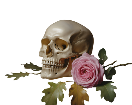 Human skull pink rose oak leaves image - Powered by Adobe