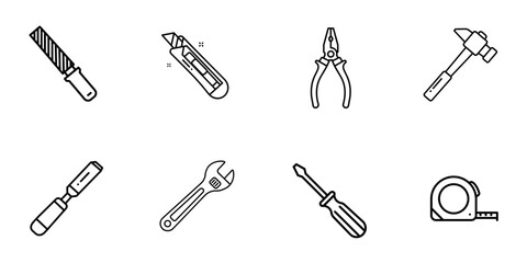 Tool Icons Set. Black Line Style with DIY and Repair Equipment


