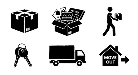 Moving icons set. Furniture box, keys, truck, move out house sign in sketch style. Relocation concept art. Vector illustration