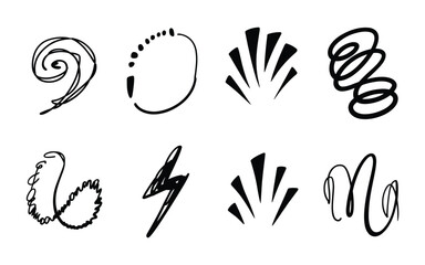 Obraz premium Abstract Motion Symbol Set – Black Silhouettes of Spirals, Fans, Waves, and Energy Shapes