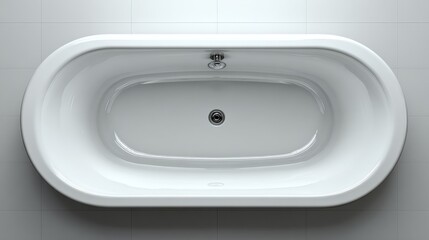 Top view of a pristine, white, oval bathtub set against a tiled bathroom floor, showcasing its elegant and minimalist design.