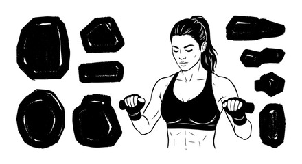 Woman working out with weights chalk drawn set. Fitness girl exercising for strength, gym, training.