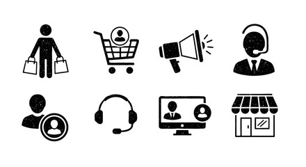 Online shop doodle icon set. Customer, shopping, headset call, store. Hand drawn grunge texture graphic symbol vector illustration