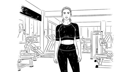 Gym girl sketch fitness line art set. Hand drawn doodle sport exercise silhouette in line art style. Abstract workout design art. Vector illustration