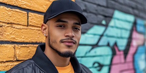 Close-up of a young man with a square face, dark eyes, and a confident expression, wearing a black cap and a bomber jacket, standing in front of a graffiti wall.