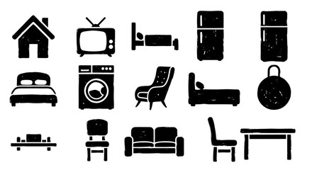 Furniture brush hand drawn vector set. Home appliance icon doodle ink style. Simple silhouette interior item sketch black paint art. Vector illustration