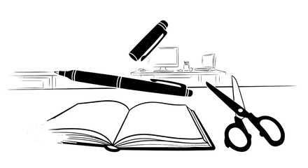 Desk items sketch set: pen, scissors, book, and tech vector graphic