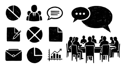 Business meeting doodle icon set. Hand drawn team discussing charts, growth. Teamwork, conference, analysis, data, talk vector illustration