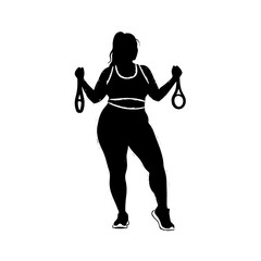 Woman fitness silhouette stretch cord set. Sporty female standing pose resistance band workout exercise, gym training shape. Vector illustration