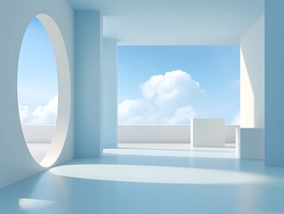 Soft sky blue clean surface with minimal cutout elements and soft floor light