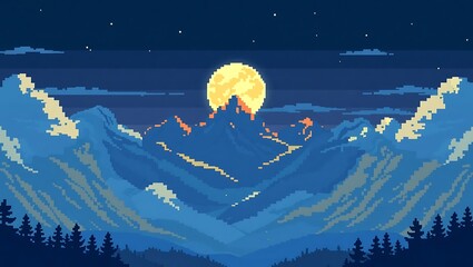 8-bit pixel art of a glowing moon rising behind pixel mountains, with a valley shrouded in blue mist