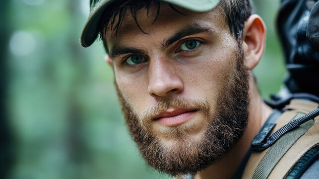 Close-up of a young man with a square face, full beard, and intense green eyes, wearing a mountain guide's outfit, standing in a forest.
