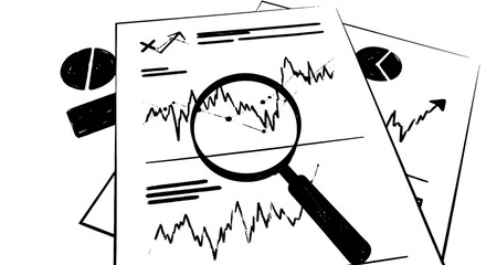 Business hand drawn report analysis set. Sketch chart finance stats, magnifying glass, diagram draw scribble line art. Doodle paperwork.
