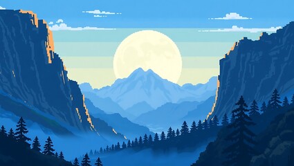 8-bit pixel art of a glowing moon rising behind pixel mountains, with a valley shrouded in blue mist
