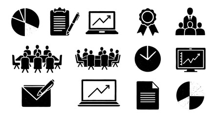 Business icon sketch meeting data chart set. Hand drawn office meeting, report graphic, growth chart icon for plan, job in grunge crayon doodle style. Vector illustration
