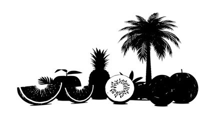 Fruit tropical silhouette doodle set. Hand drawn vector silhouette pineapple, kiwi, mango and palm tree in black ink style.