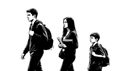 Backpack students sketch education vector set. Hand drawn student people with backpack school study vector illustration