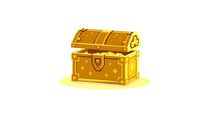 8-bit pixel art of a golden treasure box sparkling under soft pixelated light, isolated on a clean white background, aesthetic retro game style