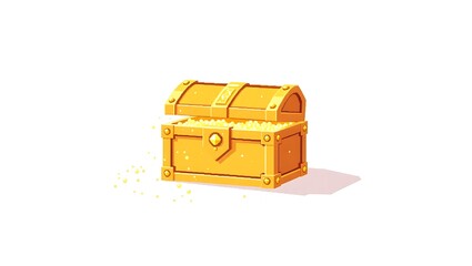 8-bit pixel art of a golden treasure box sparkling under soft pixelated light, isolated on a clean white background, aesthetic retro game style
