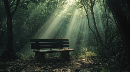 Bench in forest with rays of sunlight filtering through trees