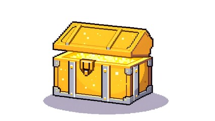 8-bit pixel art of a golden treasure box sparkling under soft pixelated light, isolated on a clean white background, aesthetic retro game style
