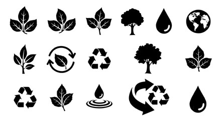 Eco icon vector set. Eco-friendly, leaf, recycle, water drop, planet icon vector draw hand drawn sketch doodle brush. Simple abstract botanical silhouette set vector illustration