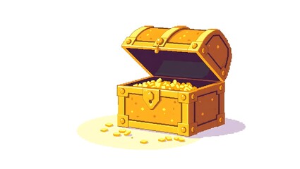 8-bit pixel art of a golden treasure box sparkling under soft pixelated light, isolated on a clean white background, aesthetic retro game style