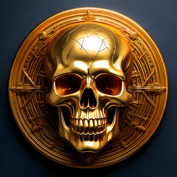 A golden skull emblem with intricate designs, symbolizing art and creativity.