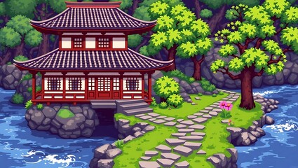 8-bit pixel art of a historical Japanese teahouse by a tranquil stream, stone garden path leading to the entrance, vibrant retro color palette