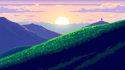 8-bit pixel art depicting a grassy hilltop with sun just emerging over the edge, retro pixel shading, peaceful aura