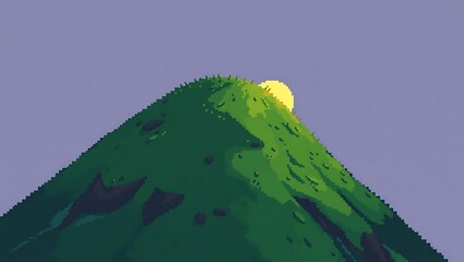 8-bit pixel art depicting a grassy hilltop with sun just emerging over the edge, retro pixel shading, peaceful aura