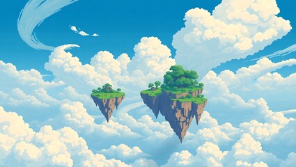 8-bit pixel art floating sky islands surrounded by swirling clouds, clear blue sky backdrop, serene magical setting