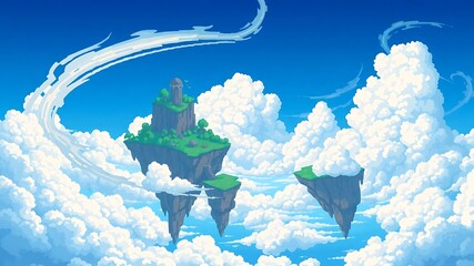 8-bit pixel art floating sky islands surrounded by swirling clouds, clear blue sky backdrop, serene magical setting