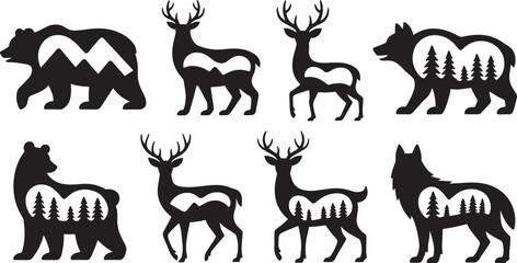 Black animal silhouettes with mountain and forest scenes bear deer