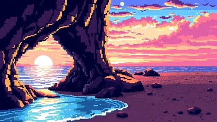 8-bit pixel art of a beachside cave looking out at a vivid sunset, glowing horizon framed by pixelated stone, tide gently lapping