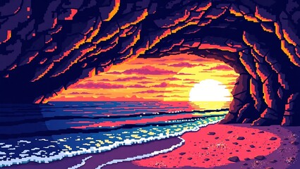 8-bit pixel art of a beachside cave looking out at a vivid sunset, glowing horizon framed by pixelated stone, tide gently lapping
