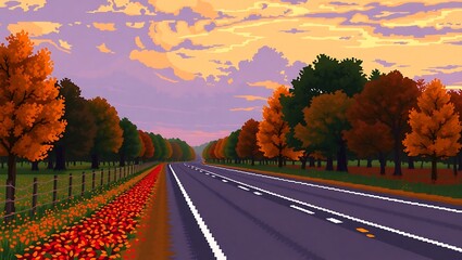 8-bit pixel art of a calm rural road flanked by autumn trees, roadside blanketed with colorful leaves, golden hour tones, pixel sunset sky