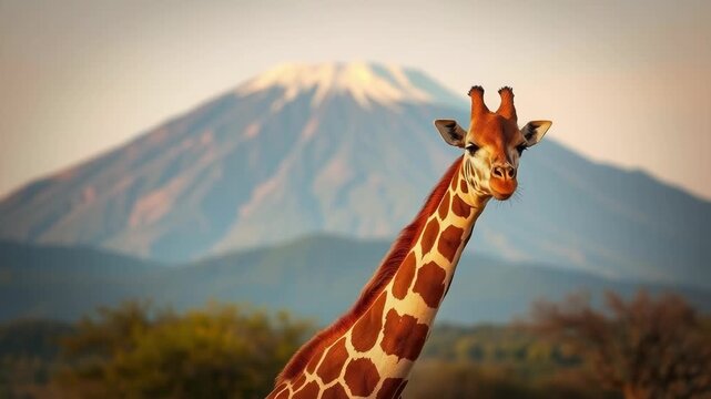 A majestic giraffe stands tall against a backdrop of a mountain at sunset in the african savanna