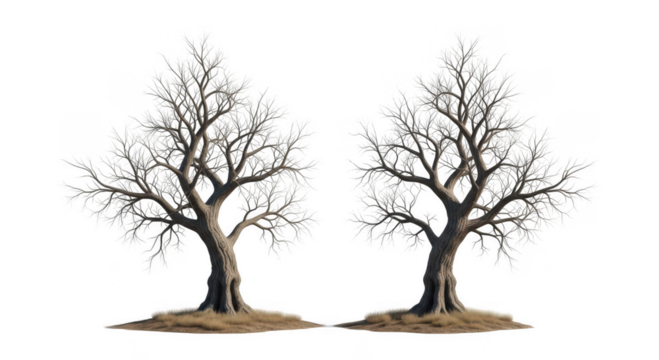 Two bare winter trees covered in frost and ice with dry grass at their base isolated on transparent background