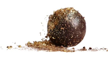 Chocolate sphere impact, splashing cocoa, isolated on transparent background