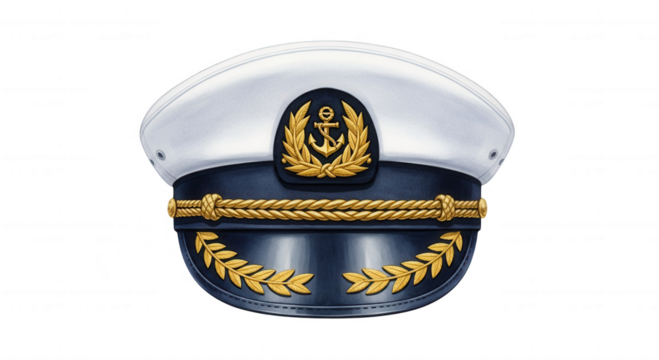 Detailed illustration of a white and navy blue captain s hat with gold anchor emblem and trim isolated on transparent background