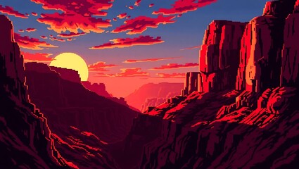 8-bit pixel art of a canyon at sunset, pixel shadows stretching across the rocky terrain, deep reds and oranges, dramatic lighting