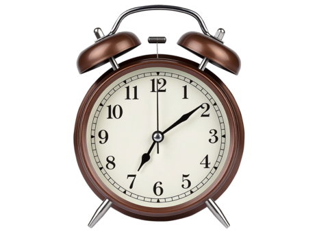 Vintage Twin Bell Alarm Clock in Brown Metal, Isolated on Transparent Background for Educational and Time Management Concepts