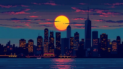 8-bit pixel art of a city skyline at sunset, glowing windows and reflective buildings, rich sky gradient, silhouettes