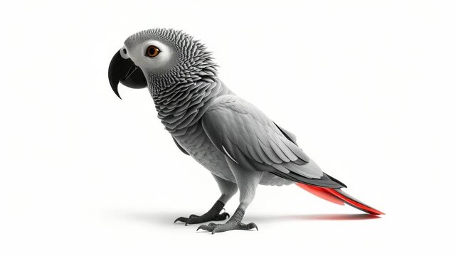 An african grey parrot isolated on white background stands attentively, showcasing its detailed feathers