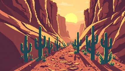 8-bit pixel art of a desert canyon with cacti shadows stretching under the golden morning sun