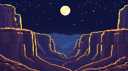 8-bit pixel art of a distant glowing moon over a pixel canyon at night, glowing outlines and shadow details, desert night palette