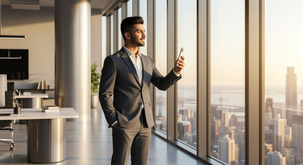 Successful Indian young businessman holding smartphone, admiring big city view through panoramic window.