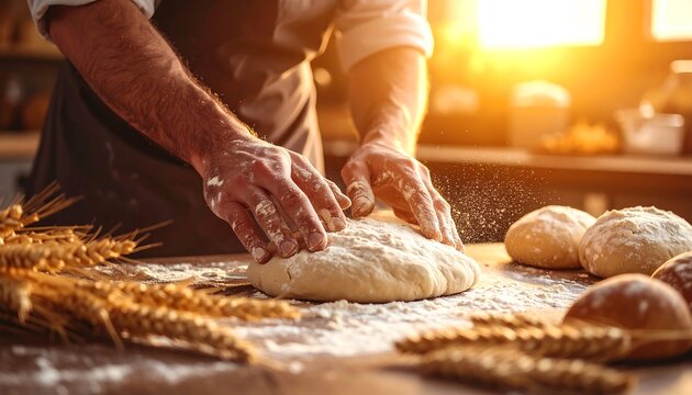 A man kneads dough in a kitchen