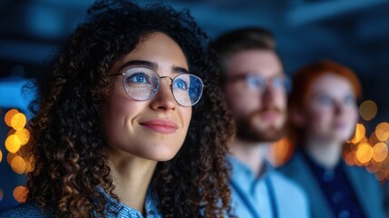 A confident woman with curly hair and glasses looks ahead, surrounded by colleagues in a blurred background with warm bokeh lights.